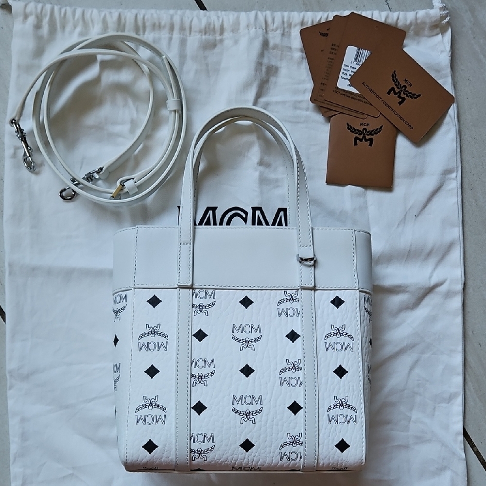 NWT $595 MCM Mini Aren White Leather and Black Monogram Logo Crossbody Bag